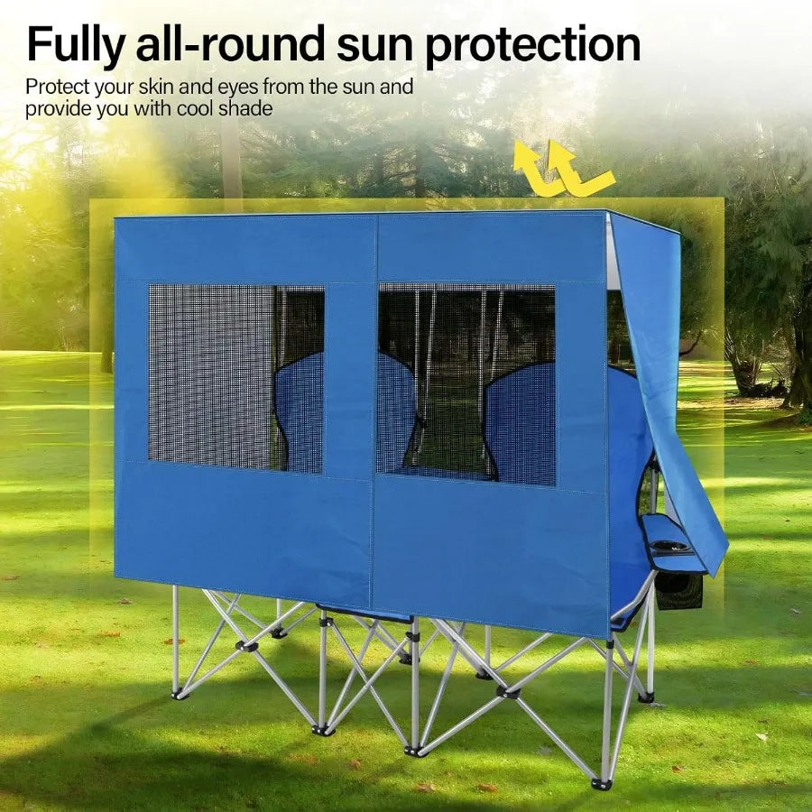 Double Camping Chair with Canopy Two Person Folding Loveseat with Shade Heavy Duty Beach Chair with Cooler Bag Cup Holder for O