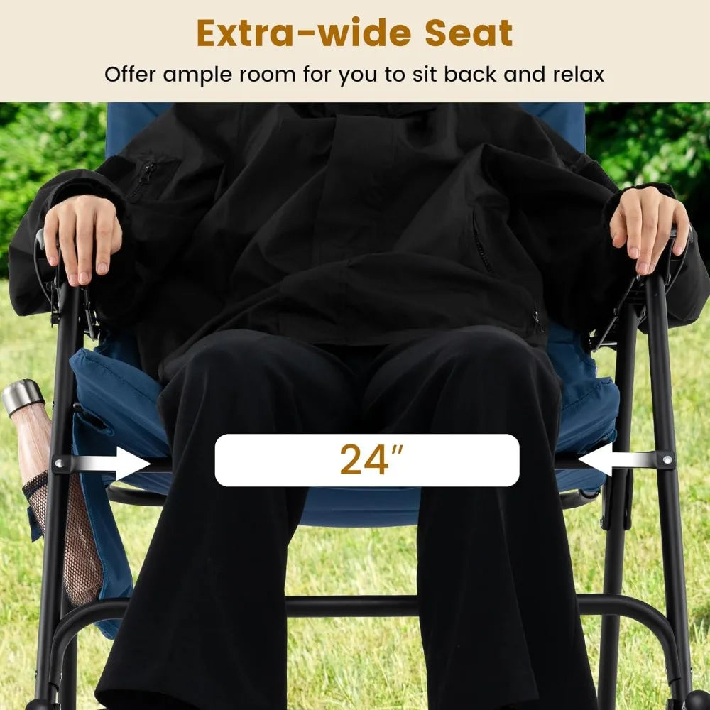 folding rocking chair, foldable camping rocking chair with padded seat high back & armrest, support 350 lbs, portable for indoo