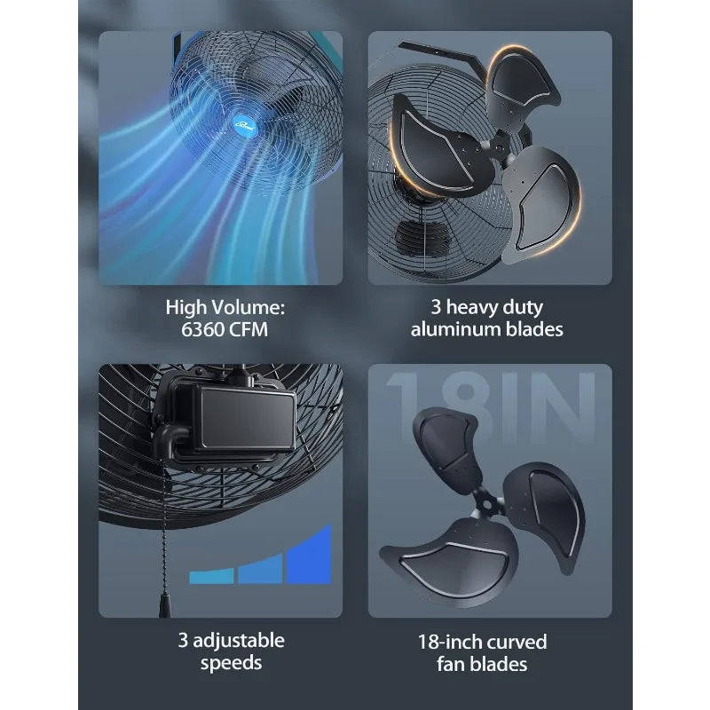 iLiving 18" Wall Mounted Fan- 6360 CFM,3-Speed,Weatherproof Outdoor Fan for Garage,Patio,Workshop,Greenhouse,Mist Kit Compatible