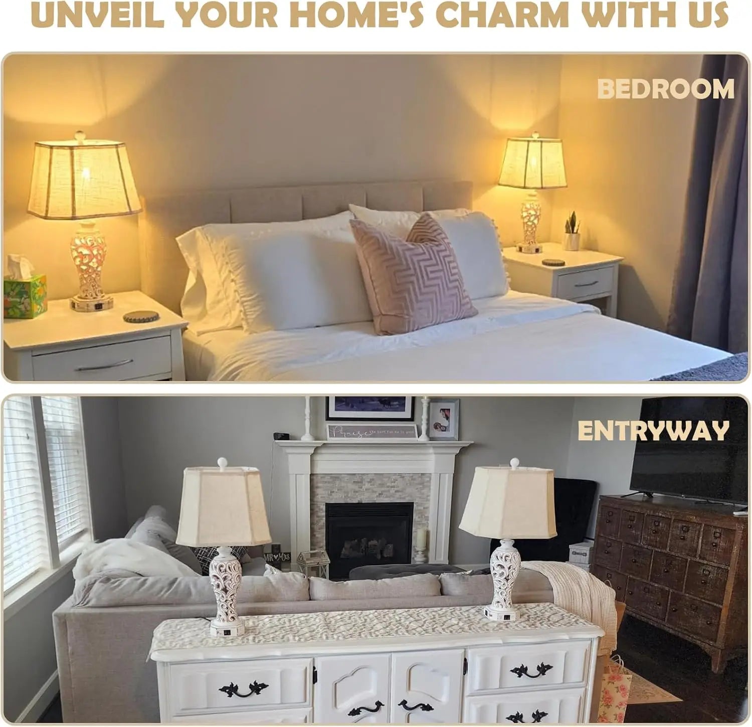 Farmhouse Table Lamps Set of 2 with USB Ports, Nightlight & Bulbs Included - Wash White