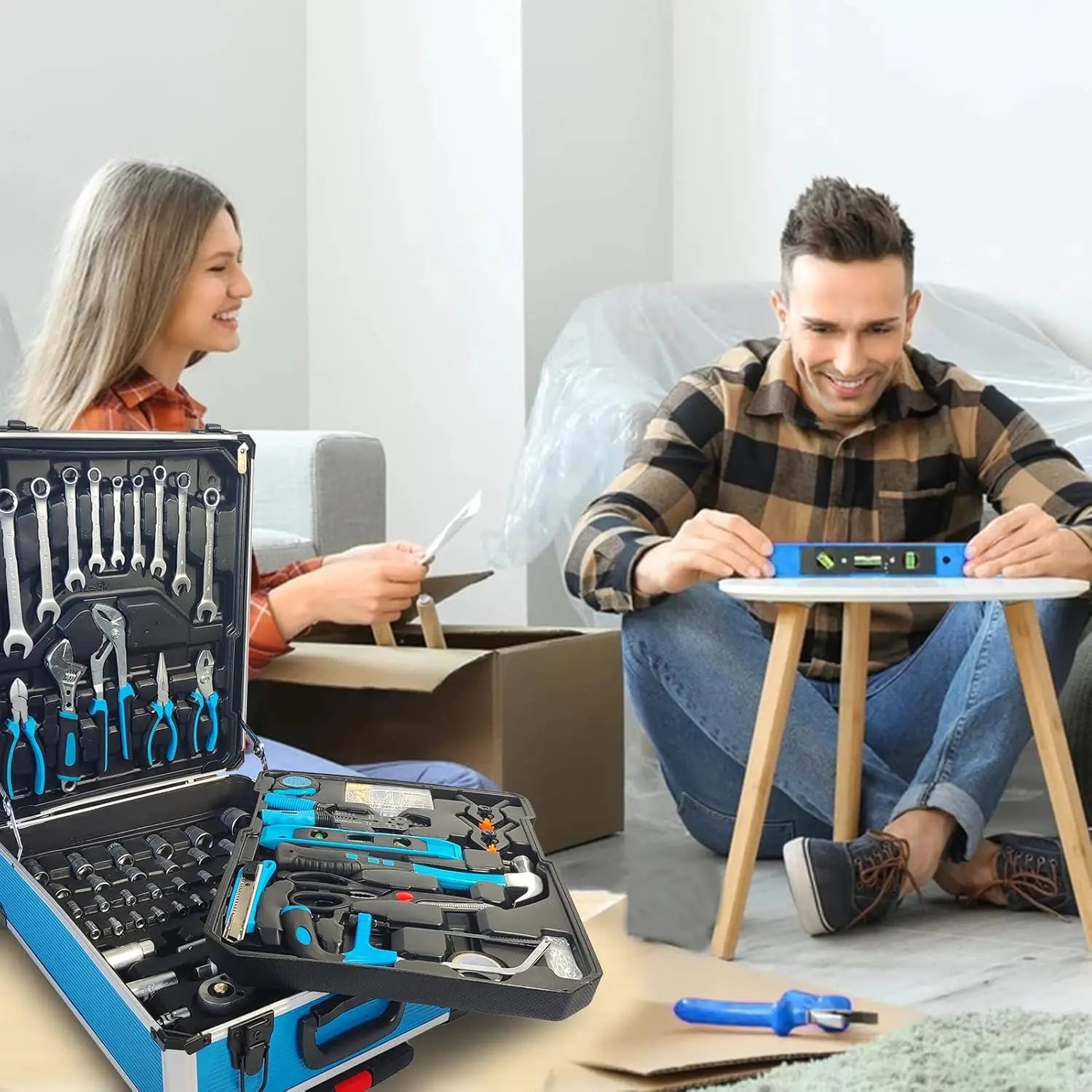 799pcs Aluminum Trolley Case Tool Set Silver House Repair Kit Set Household Hand Tool Set with Tool Belt