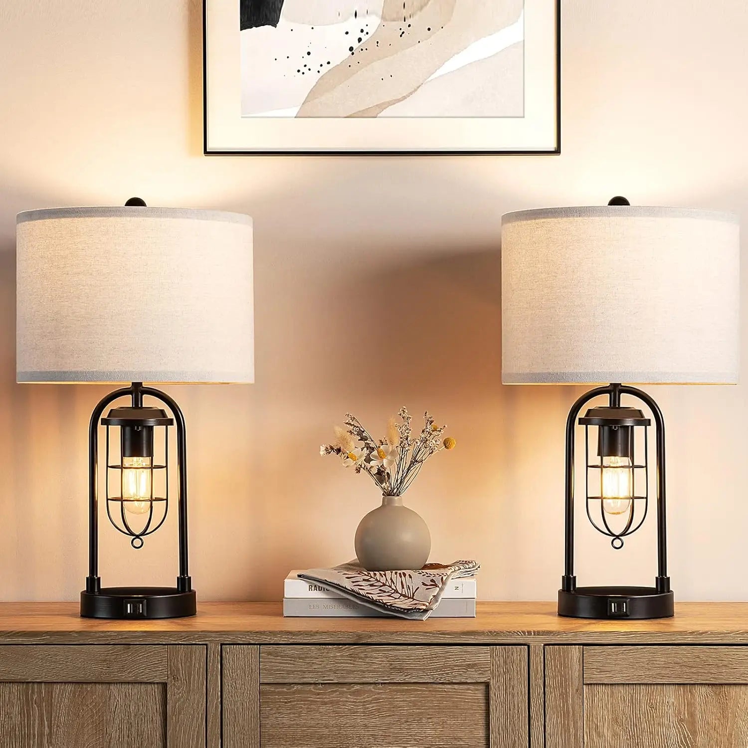 Modern Industrial Nightstand Lamp Set of 2 with USB Ports and Night Light, Includes LED Bulbs