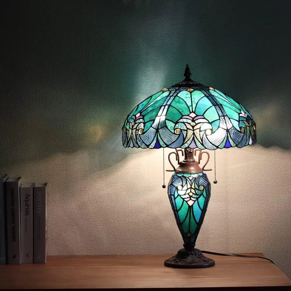16 Inch Large Stained Glass Desk Lamp with Night Light, Victorian Sea Green Antique Style, 3-Light Living Room/Bedroom/Office Fi