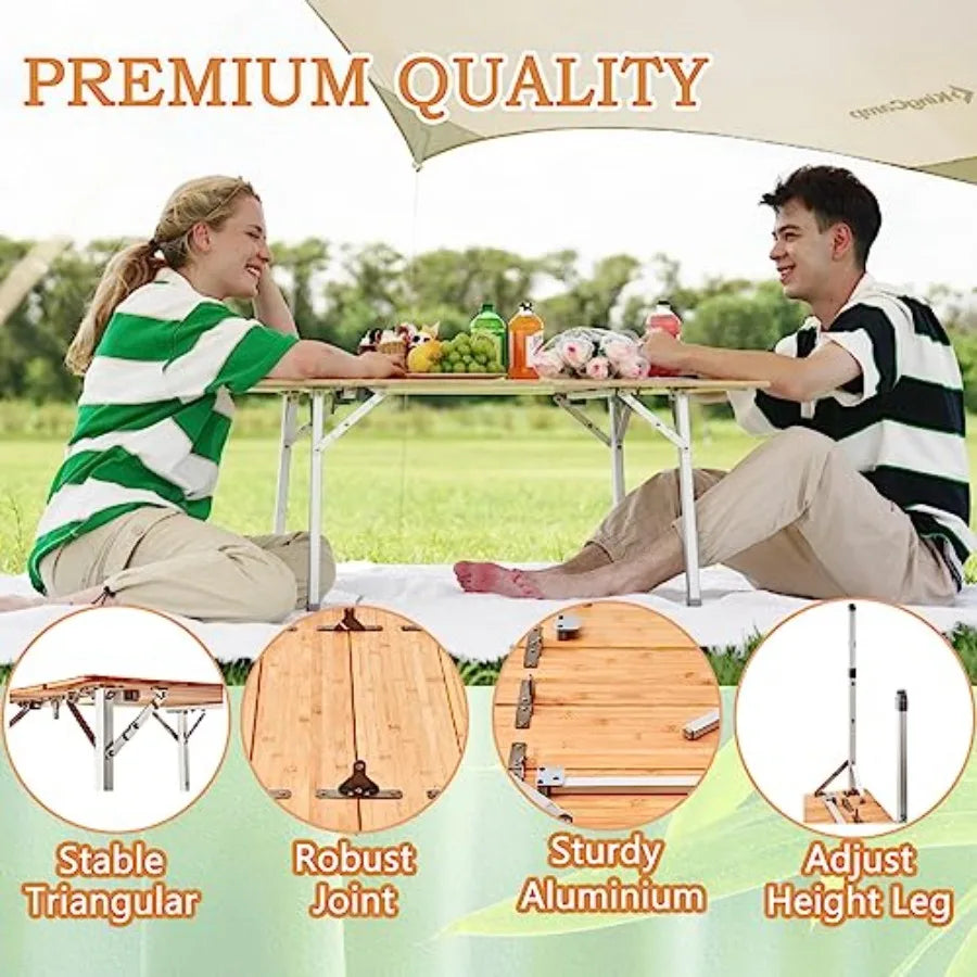 Bamboo Camping Table with Adjustable Height Aluminum Legs Heavy Duty 176lbs 4Fold Portable Foldable Camp Tables for Tr