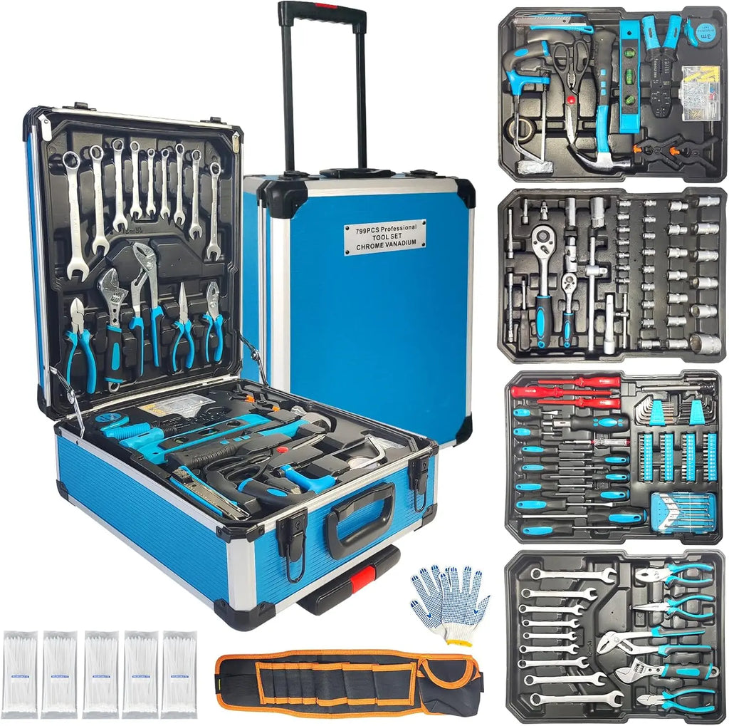 799pcs Aluminum Trolley Case Tool Set Silver House Repair Kit Set Household Hand Tool Set with Tool Belt