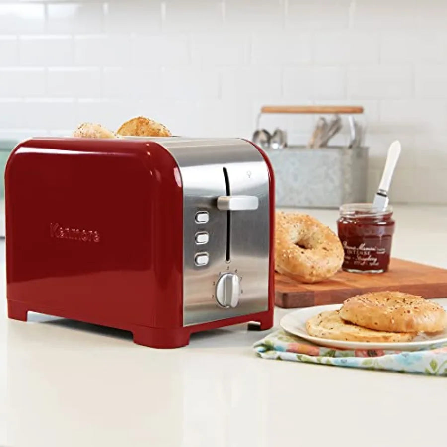 2-Slice Toaster in Stainless Steel with Red and Silver Finish Extra Wide Slots Self-Adjusting Bread Guides Defrost Bagel Functi