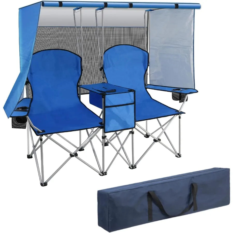 Double Camping Chair with Canopy Two Person Folding Loveseat with Shade Heavy Duty Beach Chair with Cooler Bag Cup Holder for O