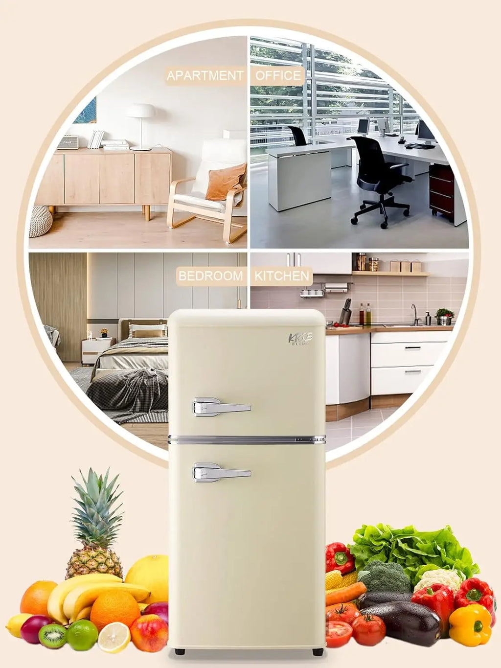 KRIB BLING 3.2 Cu.ft Compact Refrigerator, Mini Fridge with Freezer, Retro Design Small Drink Chiller for Home, Office