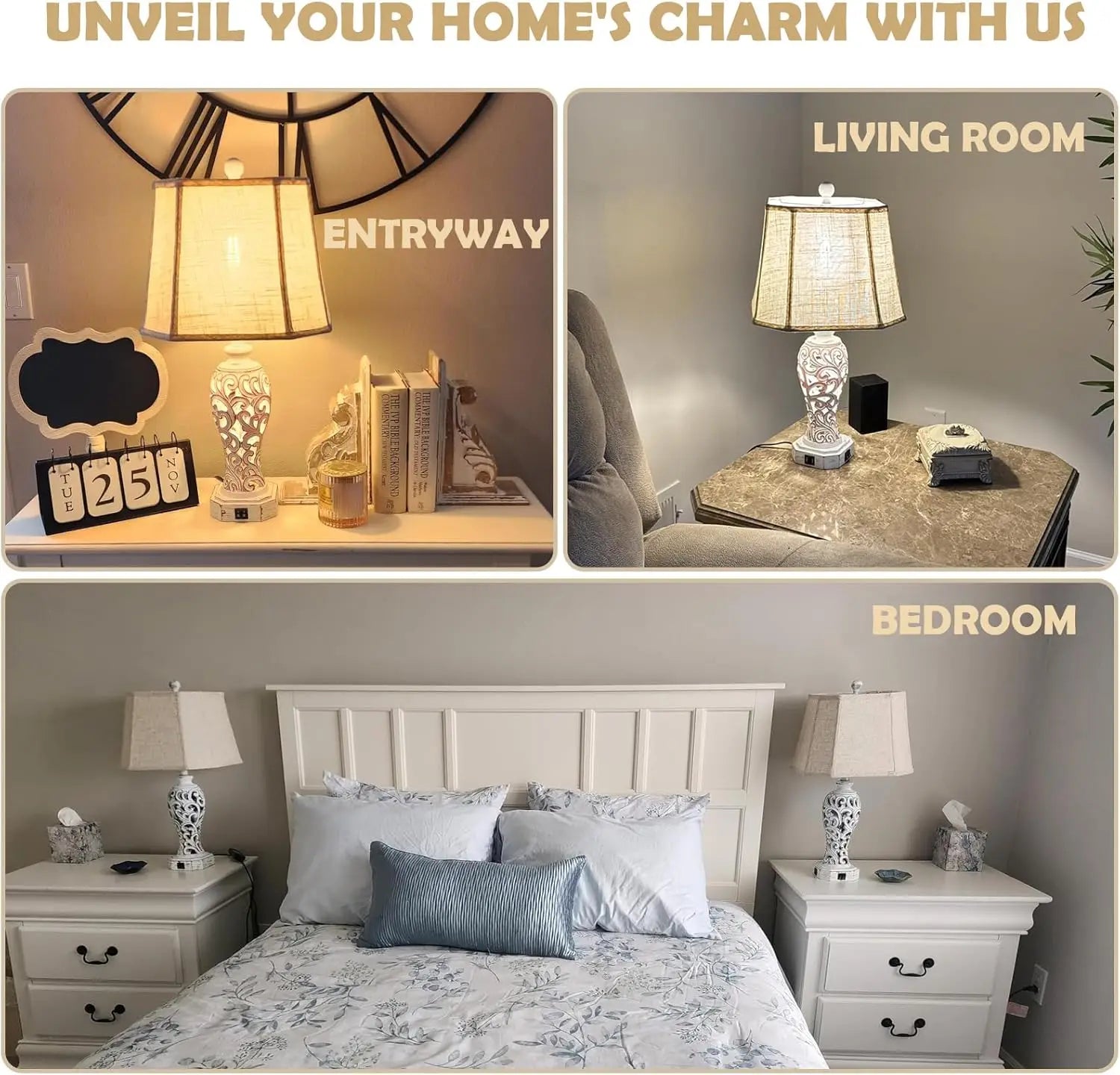 Farmhouse Table Lamps Set of 2 with USB Ports, Nightlight & Bulbs Included - Wash White