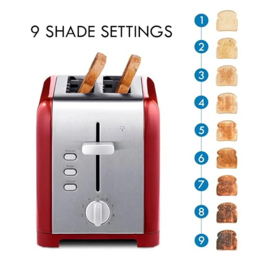 2-Slice Toaster in Stainless Steel with Red and Silver Finish Extra Wide Slots Self-Adjusting Bread Guides Defrost Bagel Functi