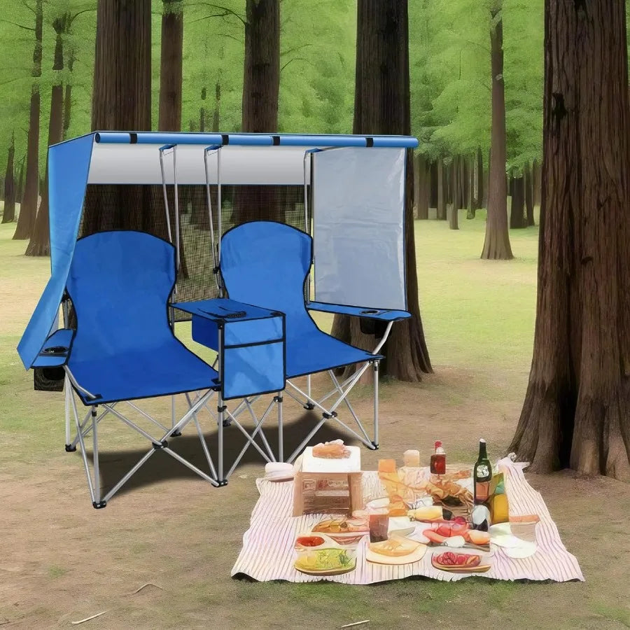 Double Camping Chair with Canopy Two Person Folding Loveseat with Shade Heavy Duty Beach Chair with Cooler Bag Cup Holder for O
