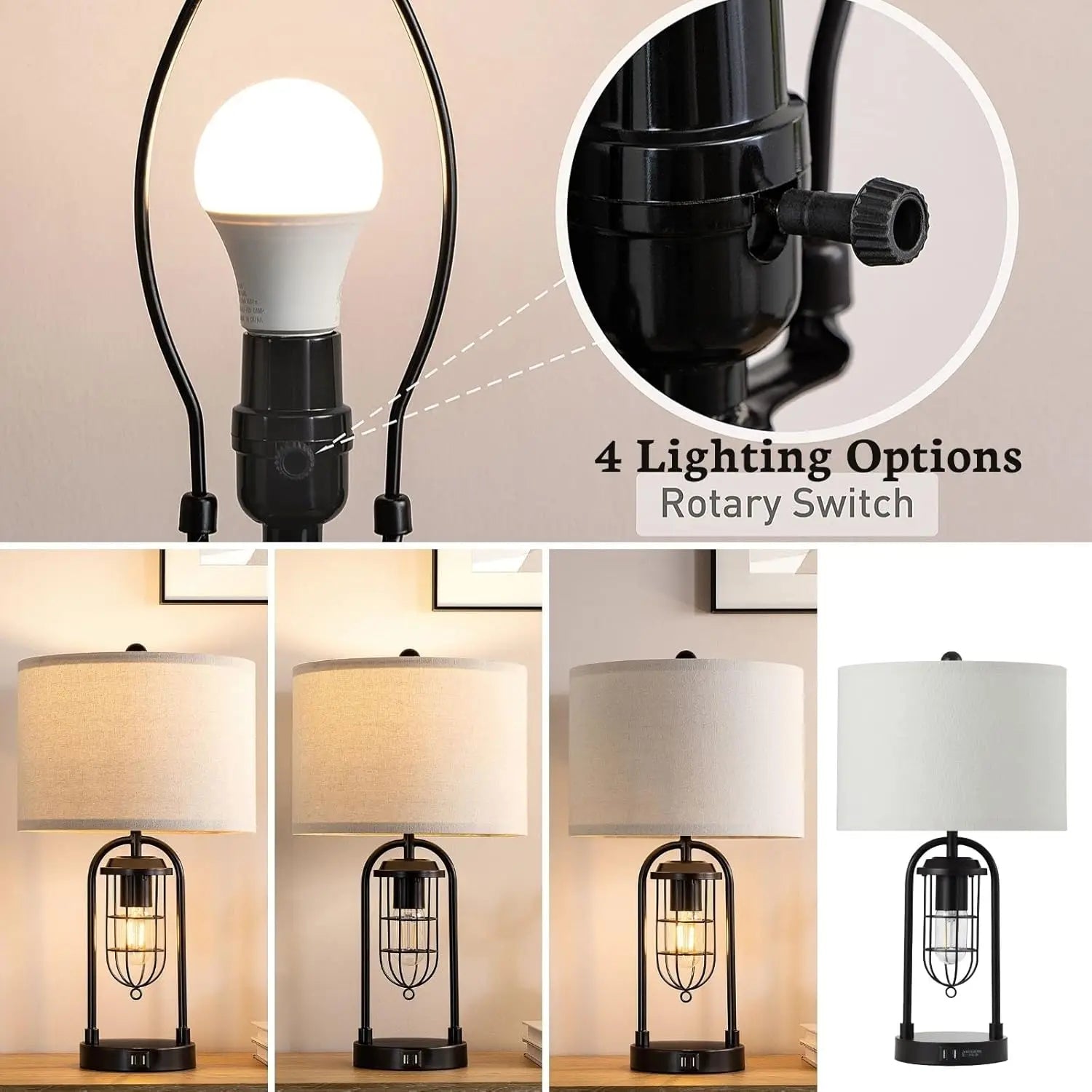 Modern Industrial Nightstand Lamp Set of 2 with USB Ports and Night Light, Includes LED Bulbs