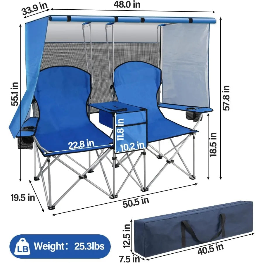 Double Camping Chair with Canopy Two Person Folding Loveseat with Shade Heavy Duty Beach Chair with Cooler Bag Cup Holder for O