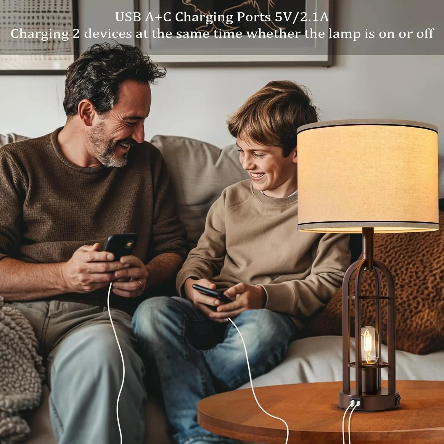 Rustic Industrial Table Lamps Set of 2 with USB Charging and Night Light, Bulbs Included for Living Room Bedroom