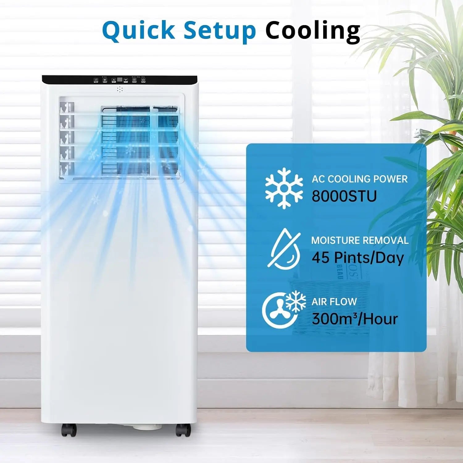 Efficient Cooling with Portable Air Conditioner 8000BTU - 24 Hour Timer, Quiet, Dehumidifier, Remote Control, Sleep Mode.